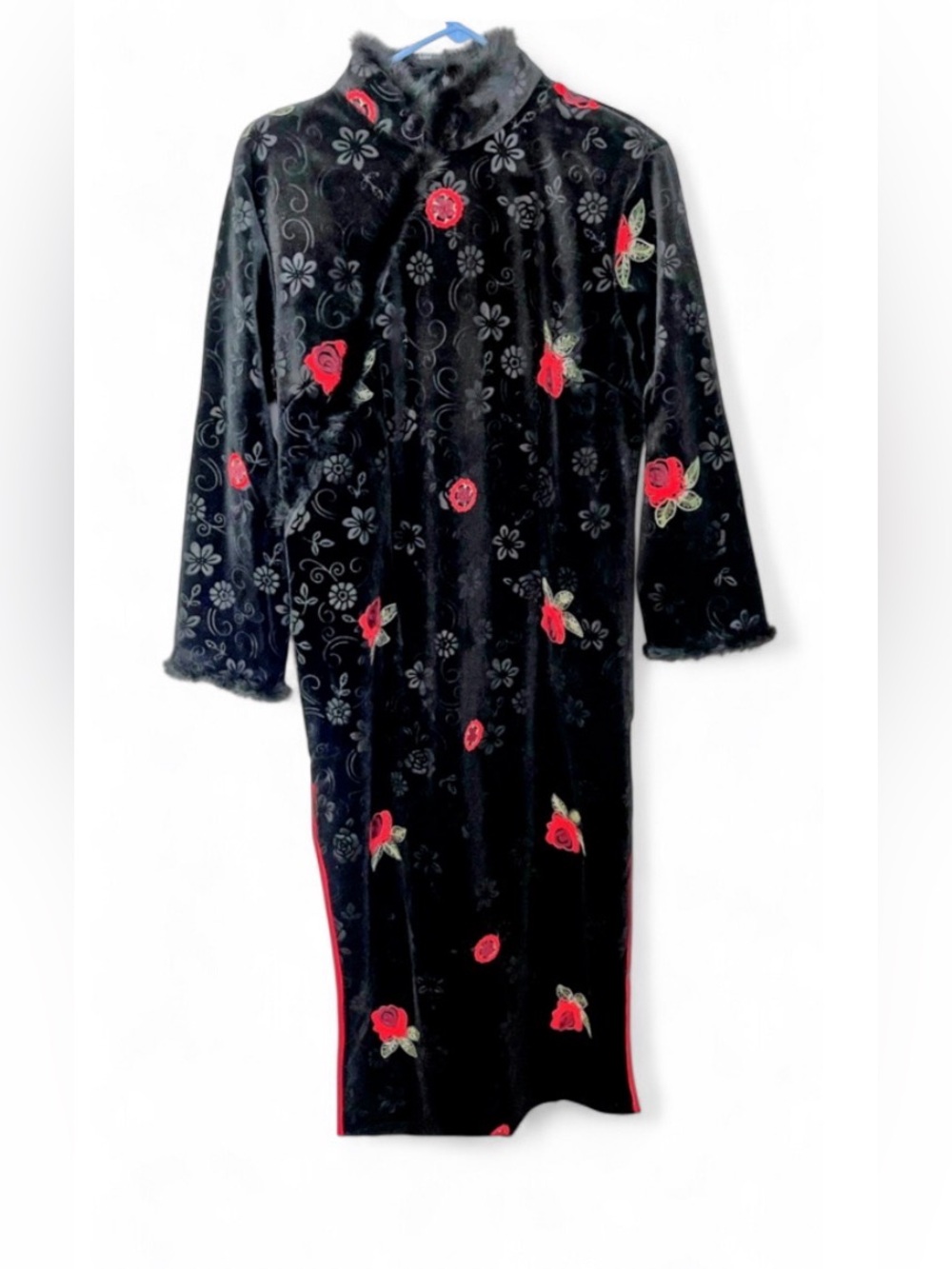 Black Velvet Maxi Dress with Red Rose Embroidery
